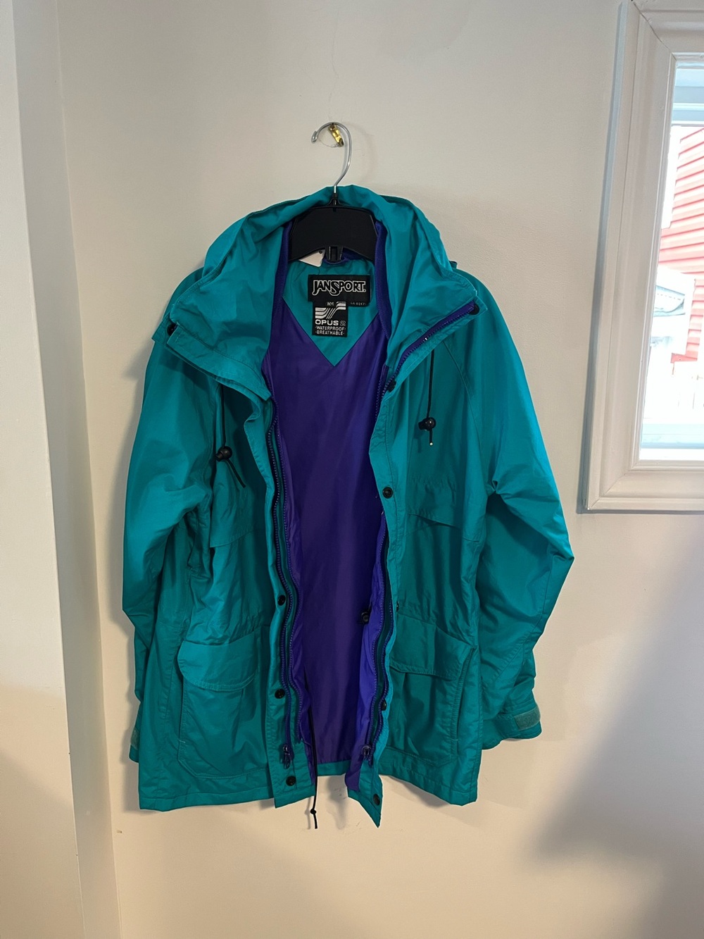 Coolest Vintage Jansport Teal Hooded Jacket with Purple lining Size Medium